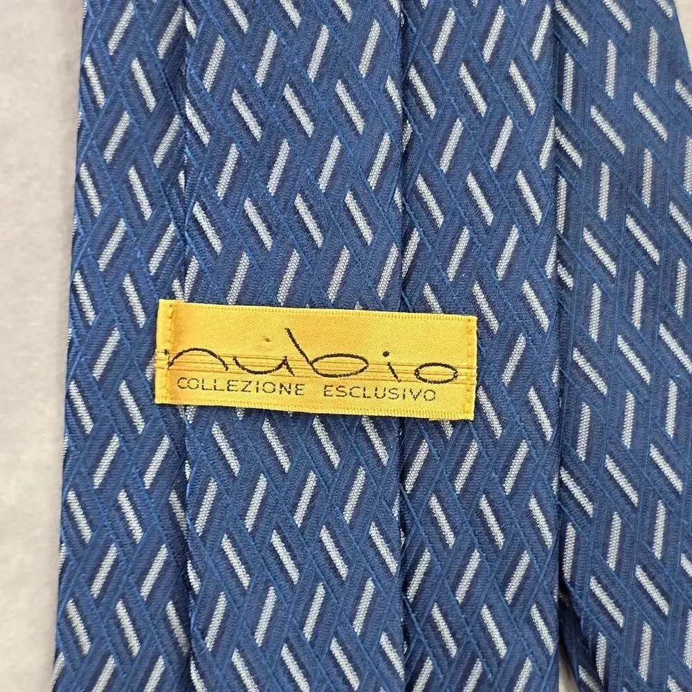 Nubio Blue Silver Diamond Stripe‎ Geometric Silk Executive Neck Tie Men's